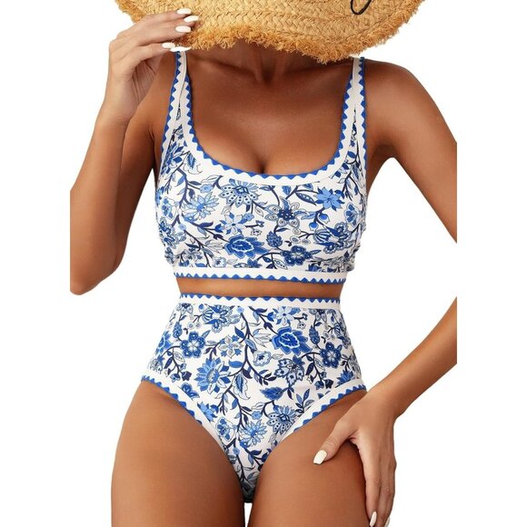 Women Blue White Ribbed High Waist Two Piece Bikini Set Padded Swimwear Summer - Picture 1 of 5